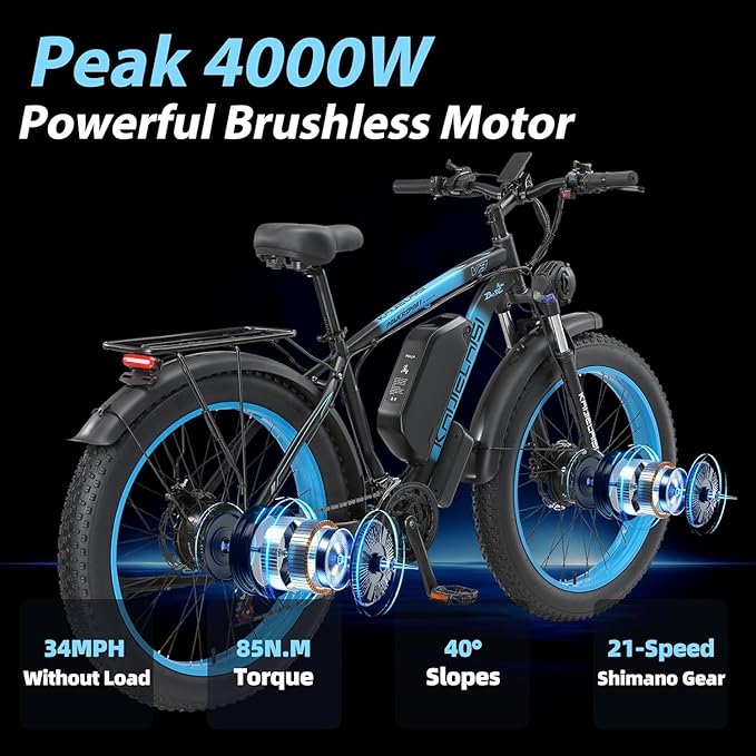 KAIJIELAISI V3 Electric Bike for Adults,AWD Ebike Dual Motor 4000W Peak, 26'' Fat Tire Ebikes with 48V 23AH Battery Hydraulic Disc Brake Electric Bicycle, 21 Speed Mountain Bikes
