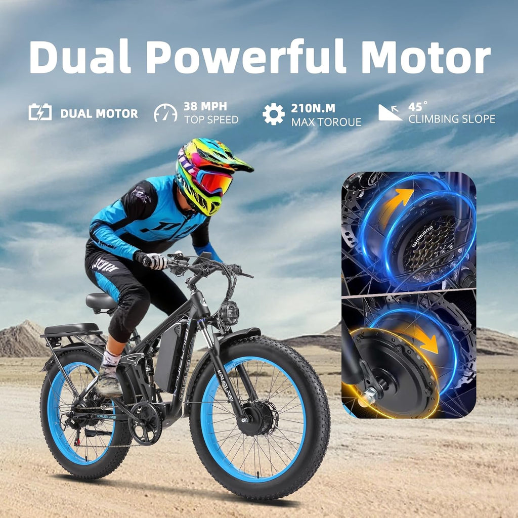 KAIJIELAISI V3 PRO Ebikes for Adults, AWD Dual Motor Ebike 38MPH Peak 6000W 26” Electric Bike Fat Tire, 52V 26AH Battery Dual Hydraulic Brake Electric Mountain Bike
