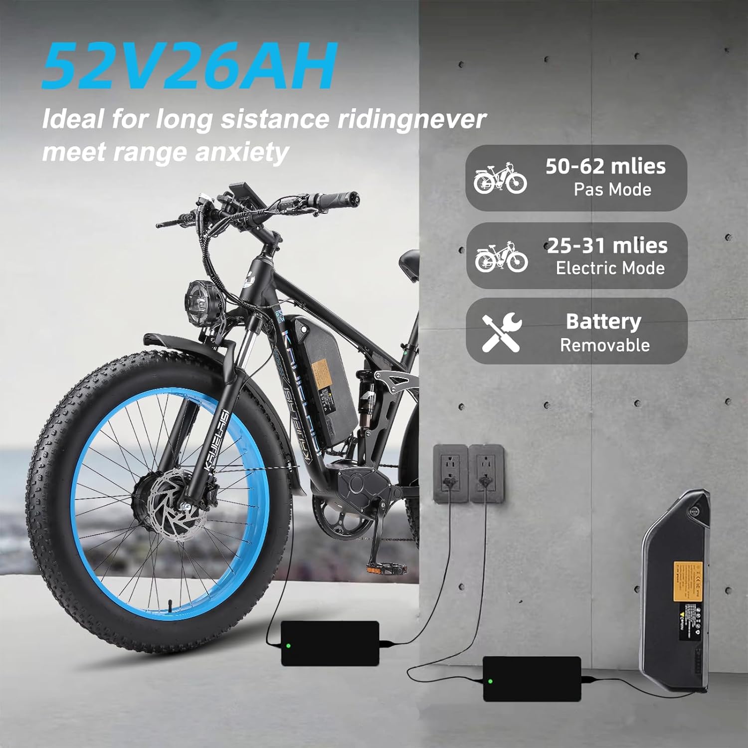 KAIJIELAISI V3 PRO Ebikes for Adults, AWD Dual Motor Ebike 38MPH Peak 6000W 26” Electric Bike Fat Tire, 52V 26AH Battery Dual Hydraulic Brake Electric Mountain Bike
