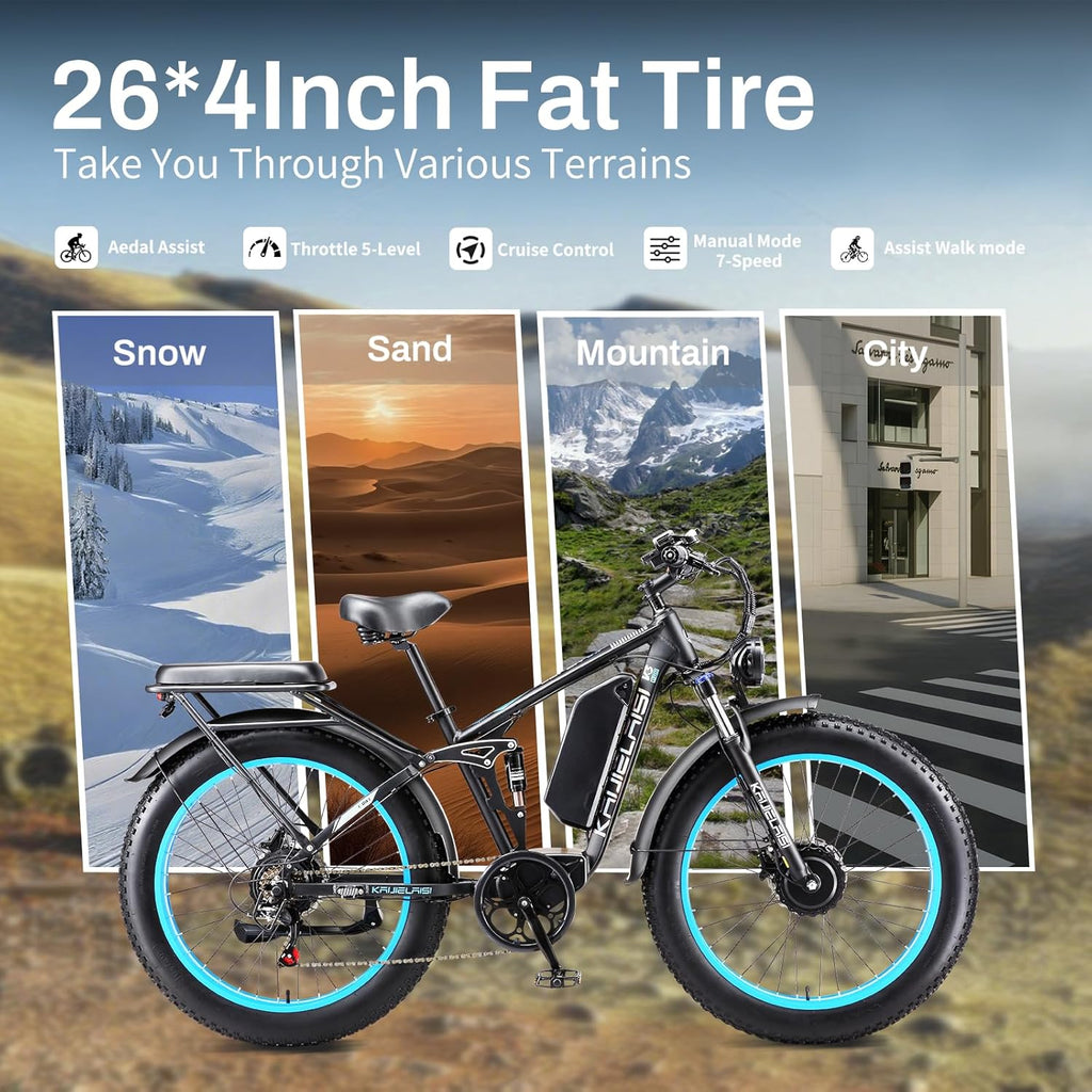 KAIJIELAISI V3 PRO Ebikes for Adults, AWD Dual Motor Ebike 38MPH Peak 6000W 26” Electric Bike Fat Tire, 52V 26AH Battery Dual Hydraulic Brake Electric Mountain Bike